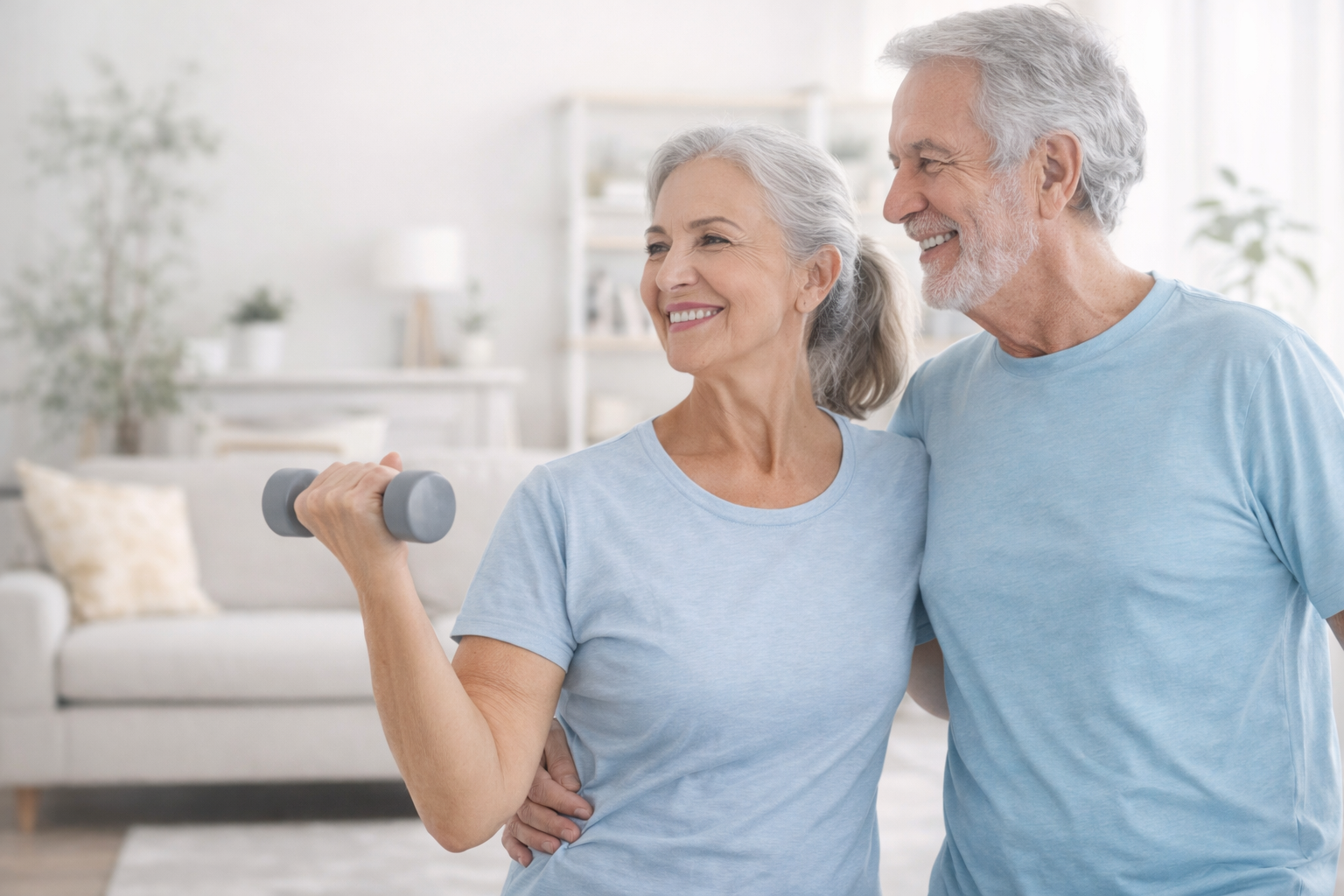 Senior couple exercising safely at home